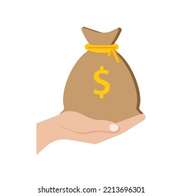 Hand Holding Money Bag Vector Icon Illustration. Money Bag In Hand Flat Icon