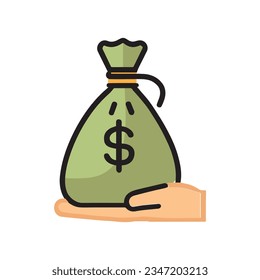 Hand Holding Money Bag Vector Icon Illustration. Money Bag In Hand Flat Icon.