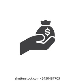Hand holding money bag vector icon. filled flat sign for mobile concept and web design. Money Savings glyph icon. Symbol, logo illustration. Vector graphics