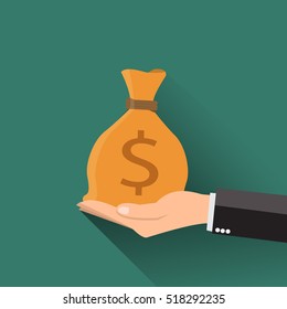 Hand holding money bag - vector illustration