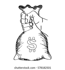 Hand holding money bag. Vector with modern and trendy line art sketch style.