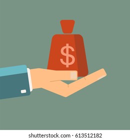 Hand holding money bag. vector illustration