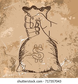 Hand holding money bag. Vector with modern and trendy line art sketch style with stressed grunge background.