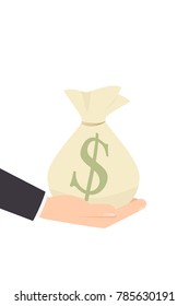 Hand holding money bag. Vector image isolated on white background.