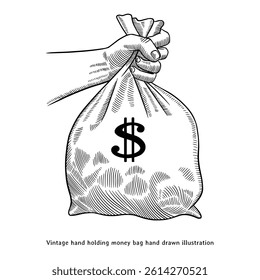 Hand Holding Money Bag Vintage Illustration