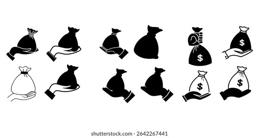 Mão segurando sacos de dinheiro em estilos diferentes, conjunto de ilustrações simples preto e branco de mãos segurando sacos de dinheiro, saco de dinheiro, saco de dinheiro, mão segurando financeiro, negócios, investimento, pagamento on-line