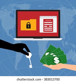 Hand Holding Money Banknote For Pay The Key Unlock Data Got Ransomware Malware Virus Computer Form Hacker On Internet . Vector Illustration Business Technology Data Privacy And Security Concept.