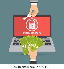 Hand holding money banknote for paying the key from hacker for unlock folder got ransomware malware virus computer. Vector illustration technology data privacy and security concept.