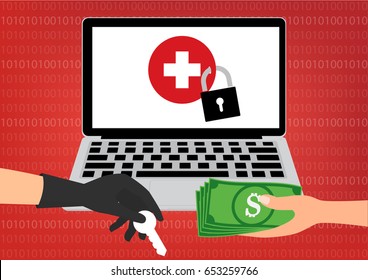 Hand Holding Money Banknote For Paying The Key To Hacker For Unlock Healthcare Data Got Ransomware Malware Virus Computer. Vector Illustration Technology Cyber Crime Data Privacy And Security Concept.