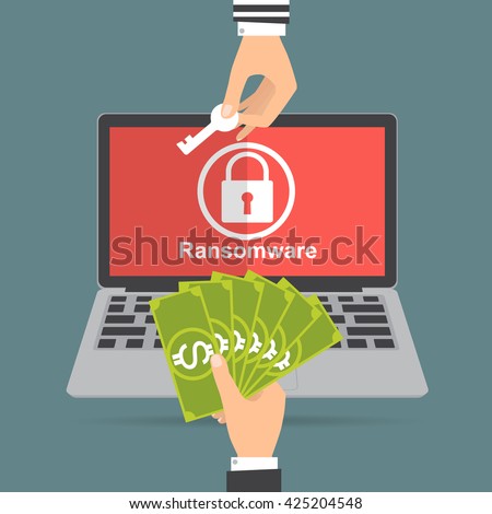 Hand holding money banknote for paying the key from hacker for unlock folder got ransomware malware virus computer. Vector illustration technology data privacy and security concept.