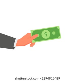 Hand holding money. Banknotes, dollars, business. Vector illustration in flat style. Isolated on white background.