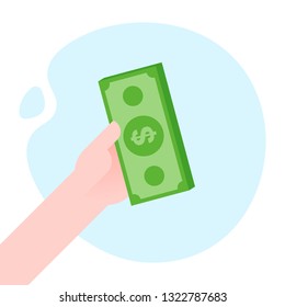 Mão segurando dinheiro notas plana vetor ilustração. Conceito de pagamento.
