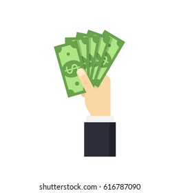 Hand holding money banknotes flat vector illustration. Payment concept.