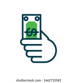 hand holding a money bill icon over white background, half color style, vector illustration