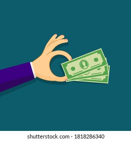 Hand holding money bills vector. Human hand giving money. Vector illustration