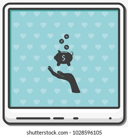 Hand holding a money box flat vector icon.