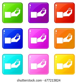 Hand holding the money coin icons of 9 color set isolated vector illustration