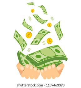 Hand holding money. Coins and banknotes falling from the sky. Symbol of wealth, success and good luck. Bank and Finance. Flat vector cartoon illustration. Objects isolated on a white background.