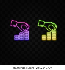 Hand holding money coins vector illustration.Neon style.Money concept with icon design, vector illustration.
