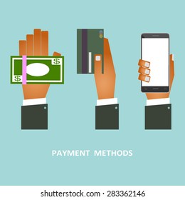 Hand holding the money , credit card and smart phone icon isolate on blue background. (EPS10 art vector)