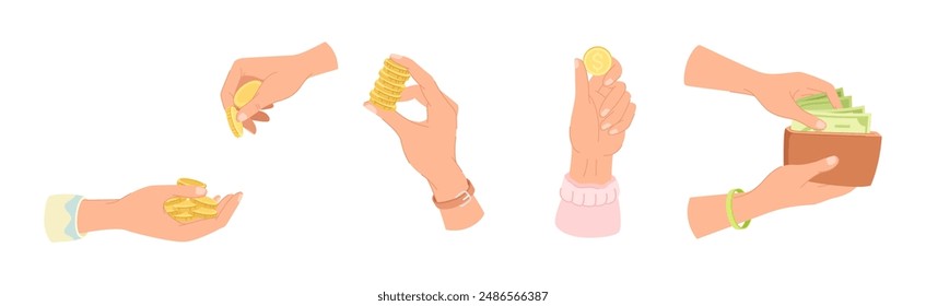 Hand Holding Money with Dollar Banknote and Coins Vector Set