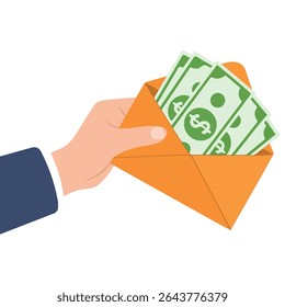 Hand holding money envelope isolated vector illustration on white background
