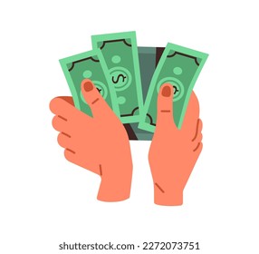 Hand holding money, finance bills. Counting dollar banknotes, financial paper bank notes. Wages, payoff, salary, income, economy concept. Flat vector illustration isolated on white background.