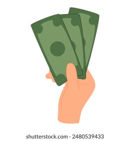 Hand holding money, finance bills. Counting dollar banknotes, financial paper bank notes. Wages, payoff, salary, income, economy concept. Flat vector illustration isolated on white background.