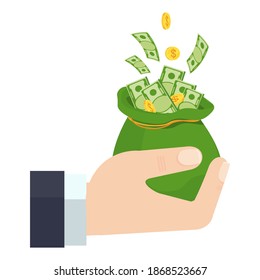 Hand holding money. Financial success. Businessman holds open bag of money. Gold coins and bundles of money lie on top. Wealth, income and good luck. Bank, Finance. Flat vector cartoon illustration.