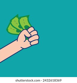 a hand holding money in a fist on a blue background. vector. eps 10