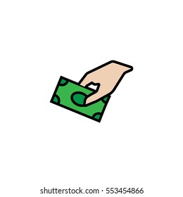 Hand holding money flat line icon, banknote, cash in the hand, cash payment icon