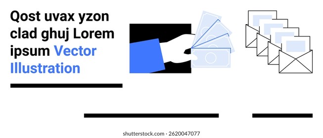 Hand holding money, four envelopes with letters, and text elements. Ideal for financial services, digital marketing, communication, e-commerce, postal services, online transactions, and education