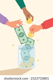 Hand holding money, giving money for donation. Person's hand into donation box, charity concept. Support and help people concept.