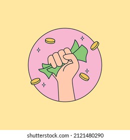 Hand holding a lot of money and gold coin outline icon vector illustration for free cashback online shop promo marketing