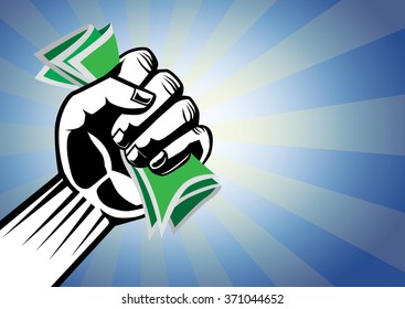 Hand holding money in handful. Illustration on blue retro style background.