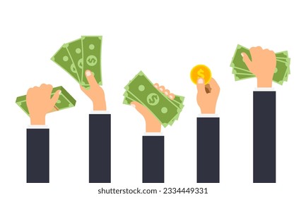 La mano tiene dinero. Manos humanas con billetes en dólares y monedas de oro. Inversión monetaria, éxito financiero. Concepto de pago. Ilustración vectorial.