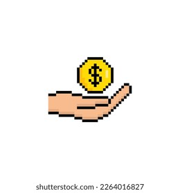 hand holding money icon 8 bit, pixel art icon  for game  logo. 