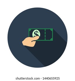 Hand Holding Money Icon. Flat Circle Stencil Design With Long Shadow. Vector Illustration.