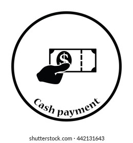 Hand holding money icon. Thin circle design. Vector illustration.