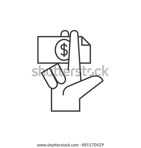 Hand holding money icon in thin outline style. Service tip hotel waitress restaurant bribe gratification