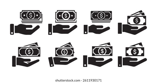 Hand Holding Money Icons Set Black Silhouette Cash Payment Symbol Collection