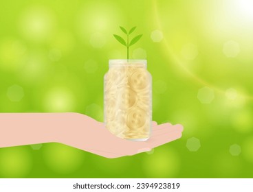 Hand Holding Money Jar or Money Bottle. Growing Money, Saving and Investment Concept.  Vector Illustration.  
