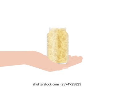 Hand Holding Money Jar or Money Bottle. Growing Money, Saving and Investment Concept.  Vector Illustration.  