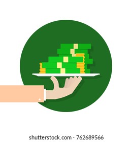 hand holding money like value or cashback. cartoon simple trend salary logo graphic design illustration isolated on white background. concept of wealthy investor man or quick profit and corruption