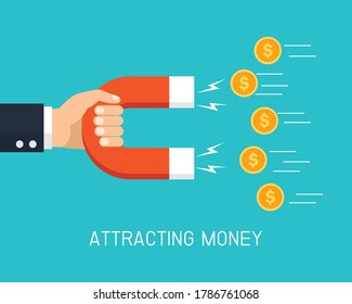 Hand holding money magnet. attracting money concept. isolated on blue background. Finding investment income. vector illustration in flat style modern design. 