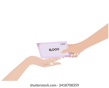 Hand holding money on white background.