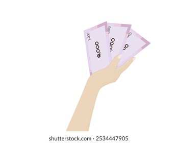 Hand holding money on white background.