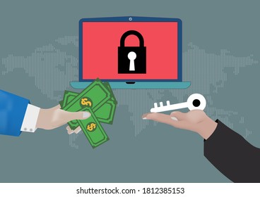 Hand holding money for paying the key from hacker.Ransomware, malware, virus, extortion,data,lock.Vector concept Computer security and technology.