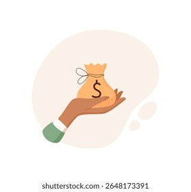 Mão segurando saco de dinheiro. Gesto de transferência de dinheiro. Conceito de pagamento, estilo plano, adequado para visuais de negócios e finanças.
