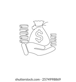 A Hand Holding A Money Sack Icon Vector. Money Bag With Coin And Currency Sign.